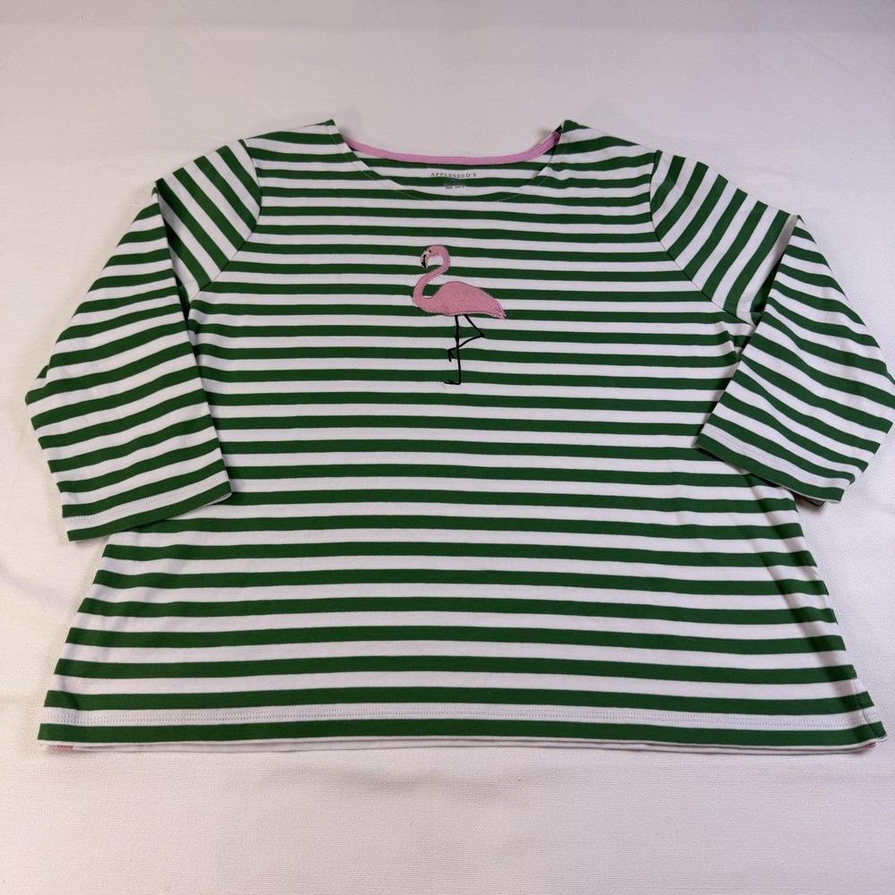 Appleseed's Women's Petite L Flamingo Shirt Preppy 3/4 Sleeves Coastal Florida